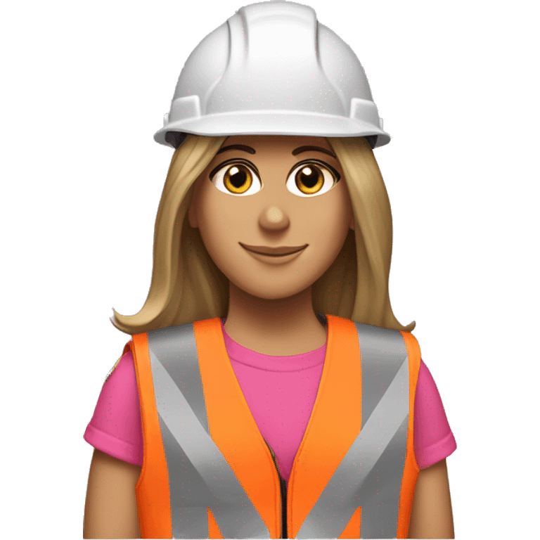 Jennifer Aniston is a construction worker wearing a neon pink safety vest with a hard hat and ear muffs. She has a patriotic patch on her vest  emoji