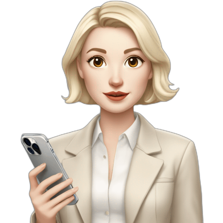 pale skin woman with ash blonde Straightened bob Hair, White Spacious classical jacket, beige palazzo Arrow pants and gray blouse holding white IPhone 14 pro in the hands emoji