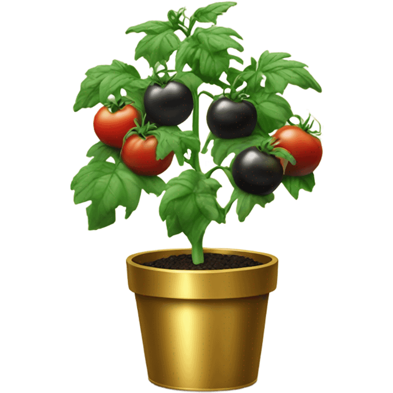 Tomato plant with Black tomatoes on in a gold pot emoji