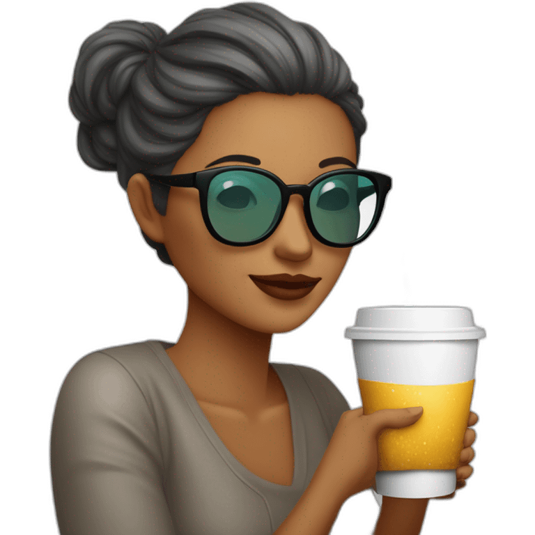 Mujer blanca, melena negra,con lentes semi al aire de color calipso. Con un lunar sobre el labio superior en la parte izquierda de la cara. Tomando un café y saludando emoji