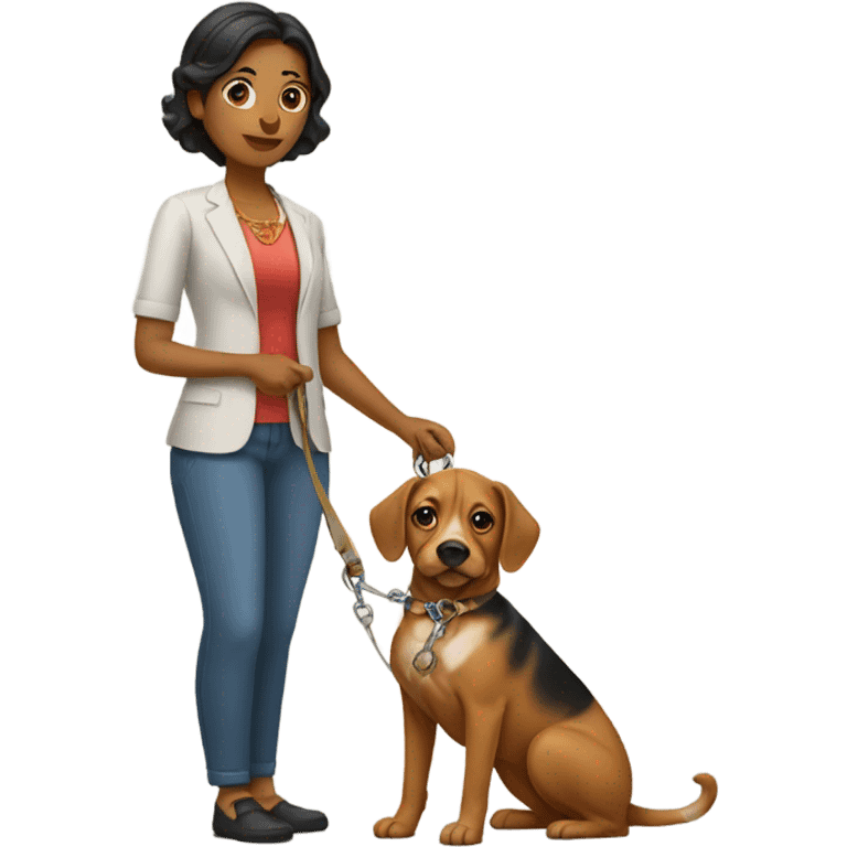 a bengali woman holding a dog on a leash emoji