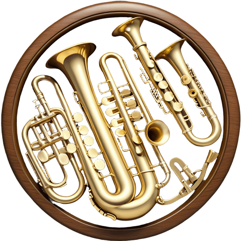 Design a complex, festive, and professional emblem-like emoji representing wind instruments. The composition should resemble a heraldic crest, featuring iconic wind instruments such as a trumpet, saxophone, clarinet, flute, and trombone, arranged symmetrically in a balanced and elegant layout. The instruments should intertwine with a flowing ribbon of musical notes, gracefully weaving around the brass and wooden bodies, emphasizing movement and harmony. Use intricate details such as polished metal surfaces, decorative engravings, and realistic textures to enhance the premium feel. The design should have a regal and celebratory color palette, with gold and silver highlights, deep wood tones, and subtle reflections. Additional ornate elements like laurel wreaths, elegant flourishes, or a subtle glow can be incorporated to emphasize the prestigious and musical essence of the emblem. The background should be transparent to allow for seamless integration into various designs. emoji