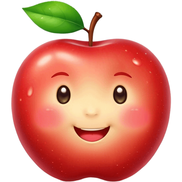 Cute Kawaii Apple, round and plump, bright shiny red with a tiny green leaf, chubby cheeks, sparkling eyes, a happy smile, soft glowing highlights, radiating fresh sweetness! emoji