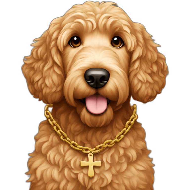 Light Brown golden doodle with cross chain emoji