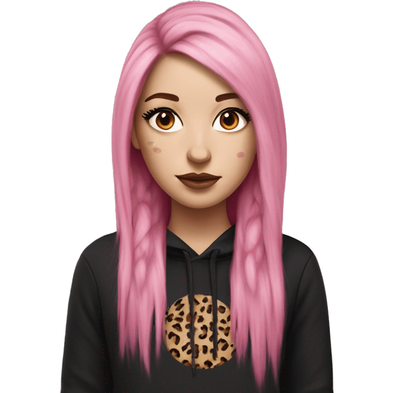 Hyperrealistic white girl with long black hair with a pink fringe and has eye makeup on, she is wearing a black and leopard print hoodie  emoji