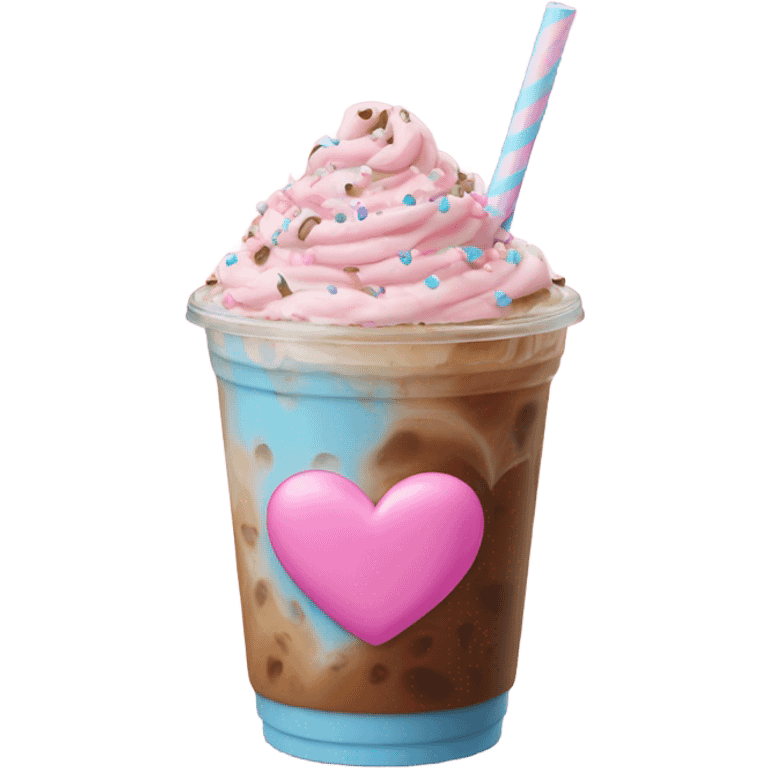 Iced coffee with pink and light blue hearts as sprinkles  emoji