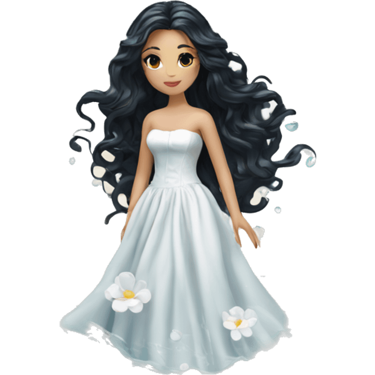 Pretty young Lady doll posing posed pose with long black hair flowers in hair white dress surrounded by flowing water water swirls waves emoji