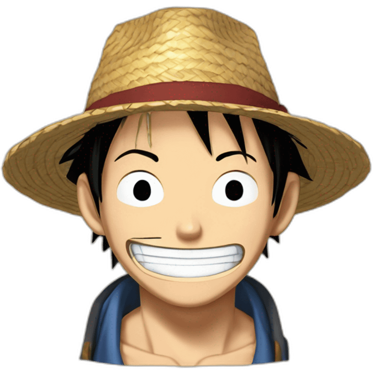 Luffy with his straw hat and his scar at the bottom of the right eye smiling with closed eyes in the Eiichirō Oda’s style emoji