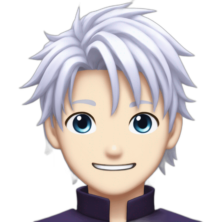 Satoru Gojo with his blue eyes,long medium white hair, a big friendly smile, dark violet uniform from jujutsu kaisen emoji