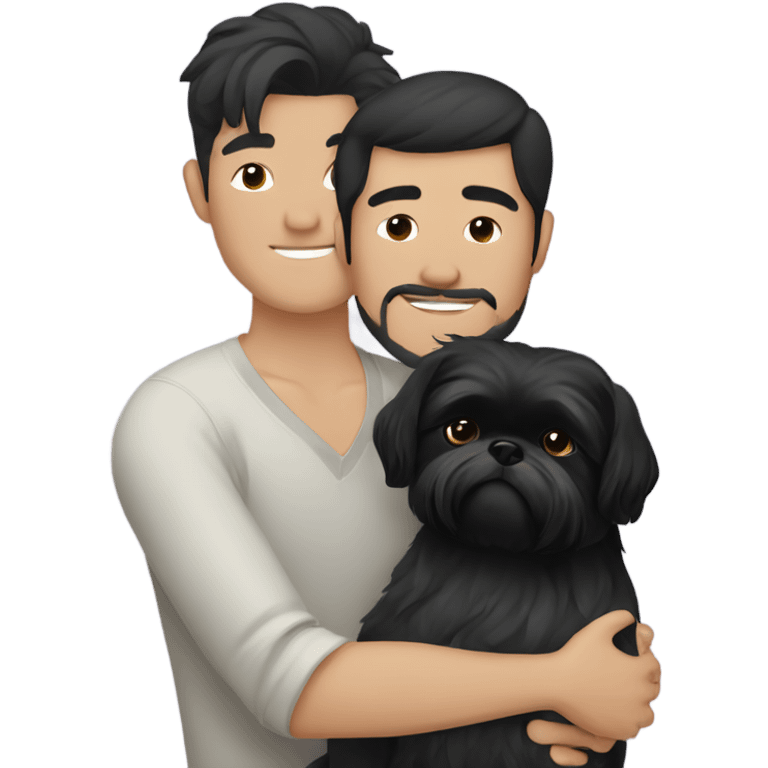 Dark haired Man and Asian man hugging black shih tzu  emoji