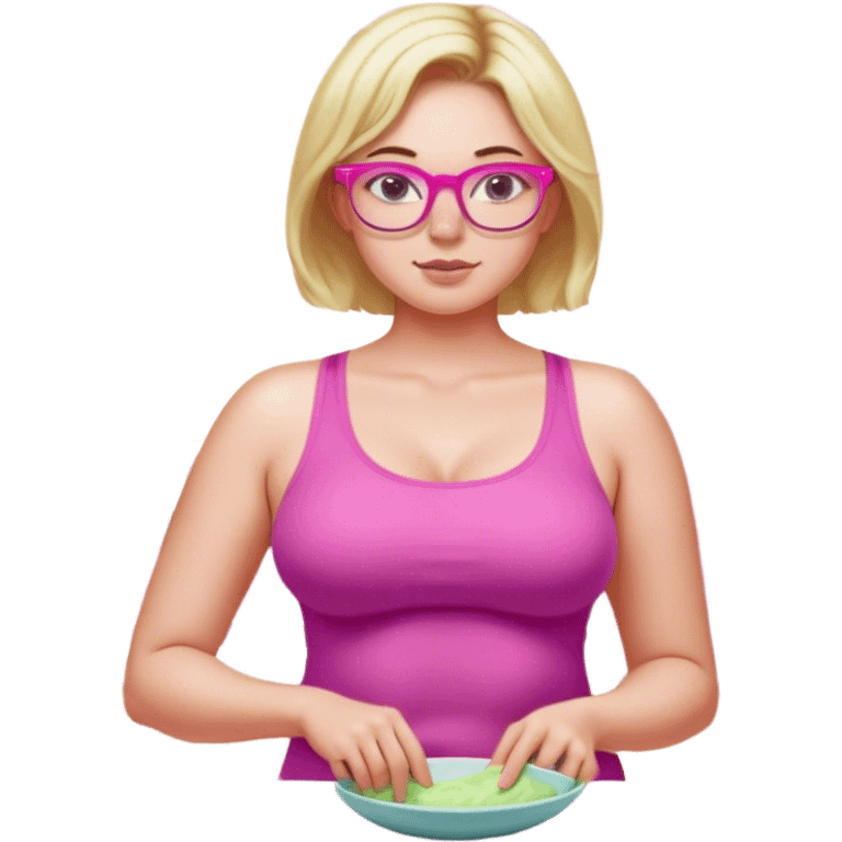 Curvy fair skinned woman, freckled skin, short blond hair, small light purple reading glasses, washing dishes, short flowing sheer hot pink tank top, without undergarments SFW, black yoga pants, thick booty emoji