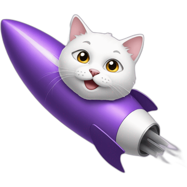 a white cat on a purple rocket emoji