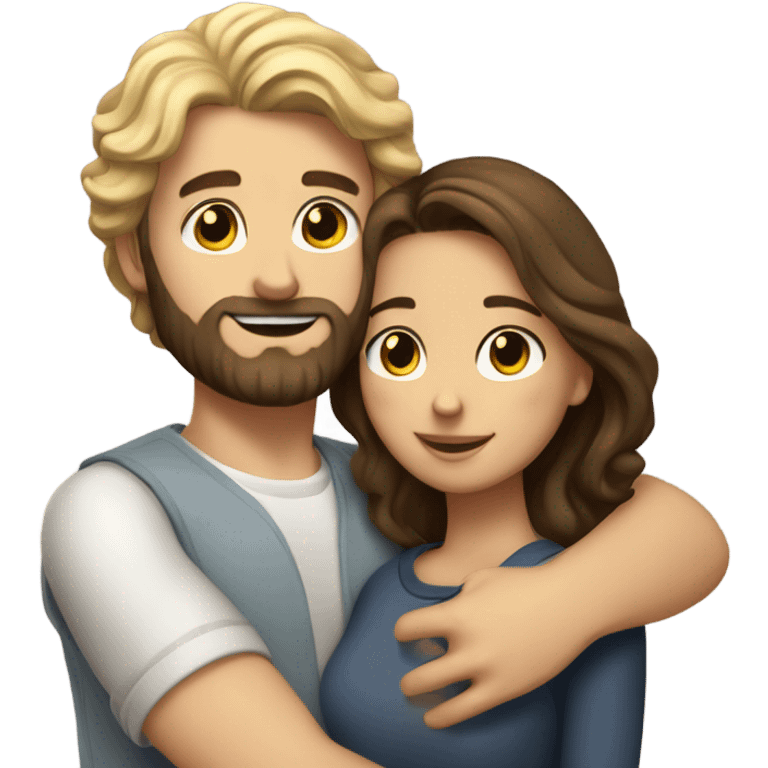 Brunette girl with wavy hair hugging blond boy whit a beard lovingly couple emoji