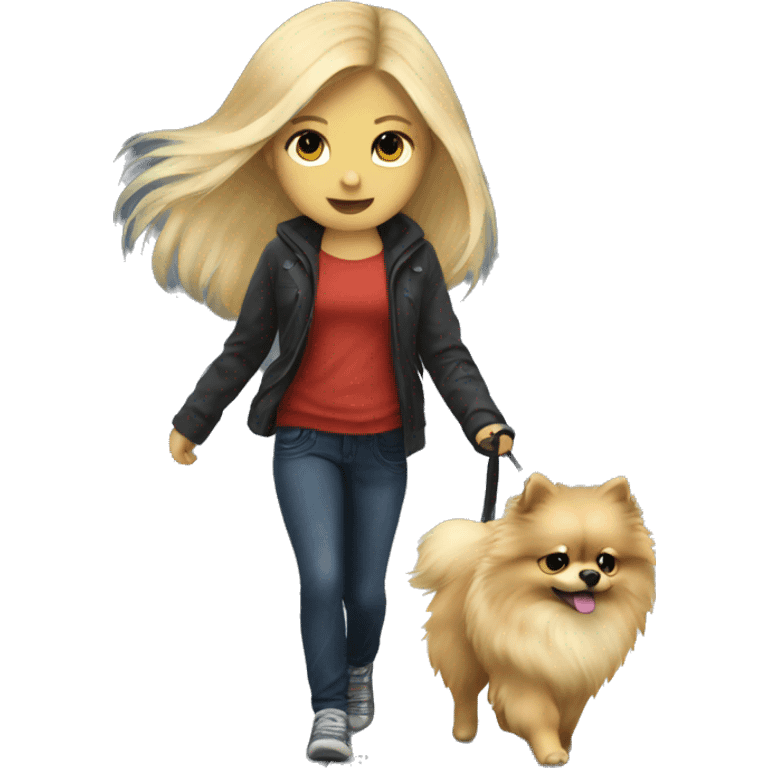 Blonde girl walking pomeranian under the storm emoji