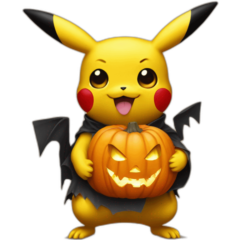 Pikachu holding a Halloween chumpkin emoji