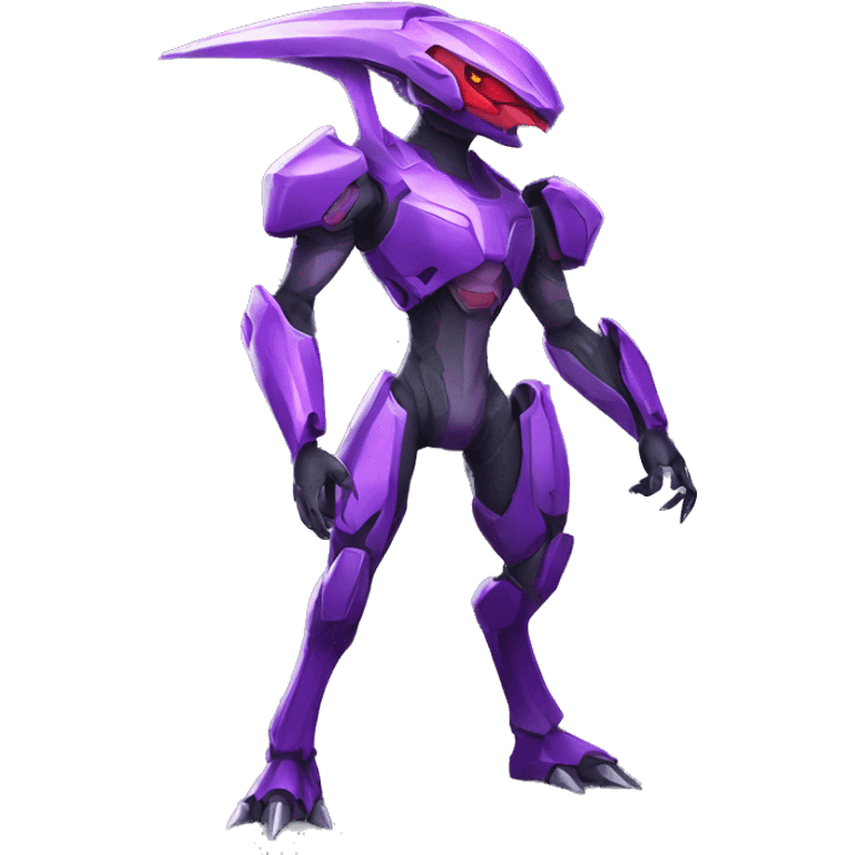 a purple-red Genesect-Raptor-Fakémon—hybrid with a futuristic visor-helmet full body emoji