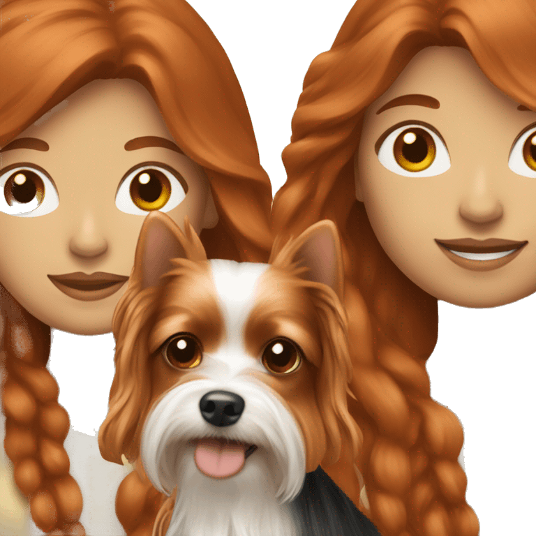 Redhead woman with long hair holding a Yorkie dog emoji