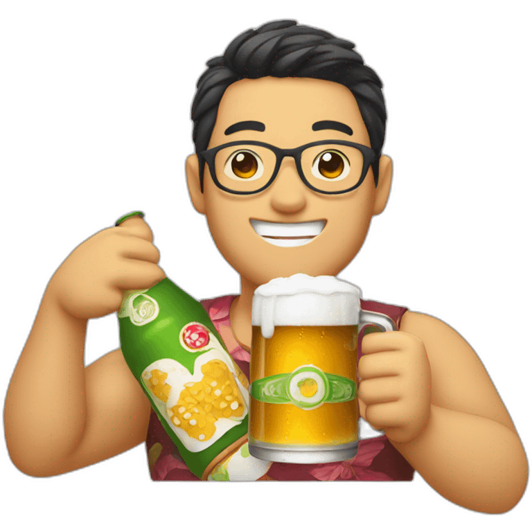 Japanese wearing roundglasses alohashirt is holding beer emoji