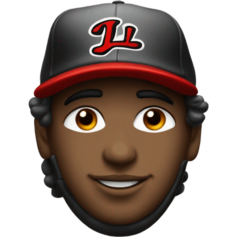 Baseball player with flow and a red and black hat with an cursive L on it emoji