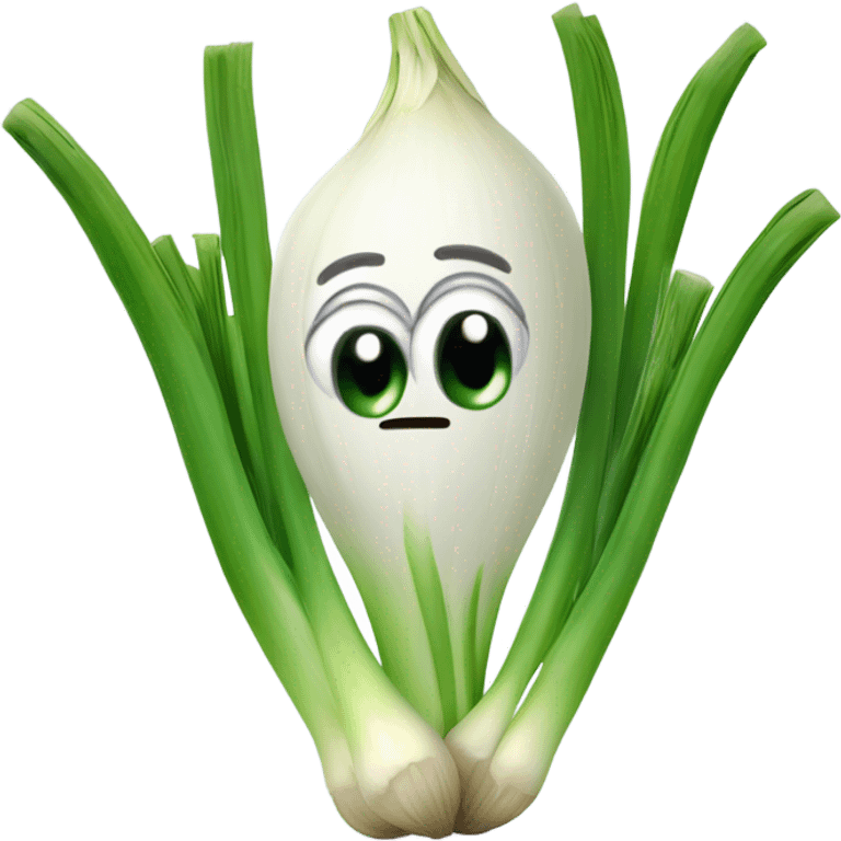 3D Cheerful green onion with big expressive eyes, a wide smile, and a few green stalks on top. Designed in a cute, cartoonish style with vibrant colors. emoji