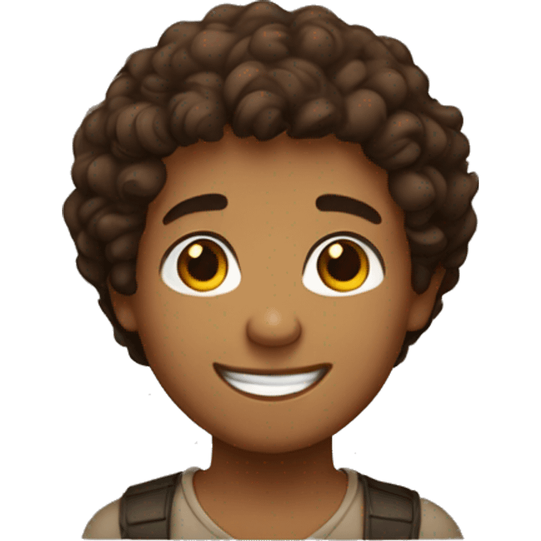 brown boy with short curly brown hair with brown eyes and a big smile emoji