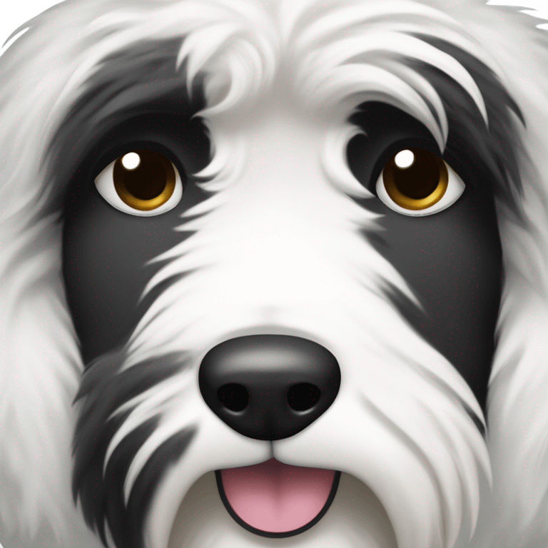 Very fluffy and full Half white half black old English sheepdog face where left half is white. EYE SECTION OF FACE SHOULD BE HALF AND HALF DOWN THE MIDDLE. YOU KEEP MESSING THIS UP! Read instructions carefully emoji