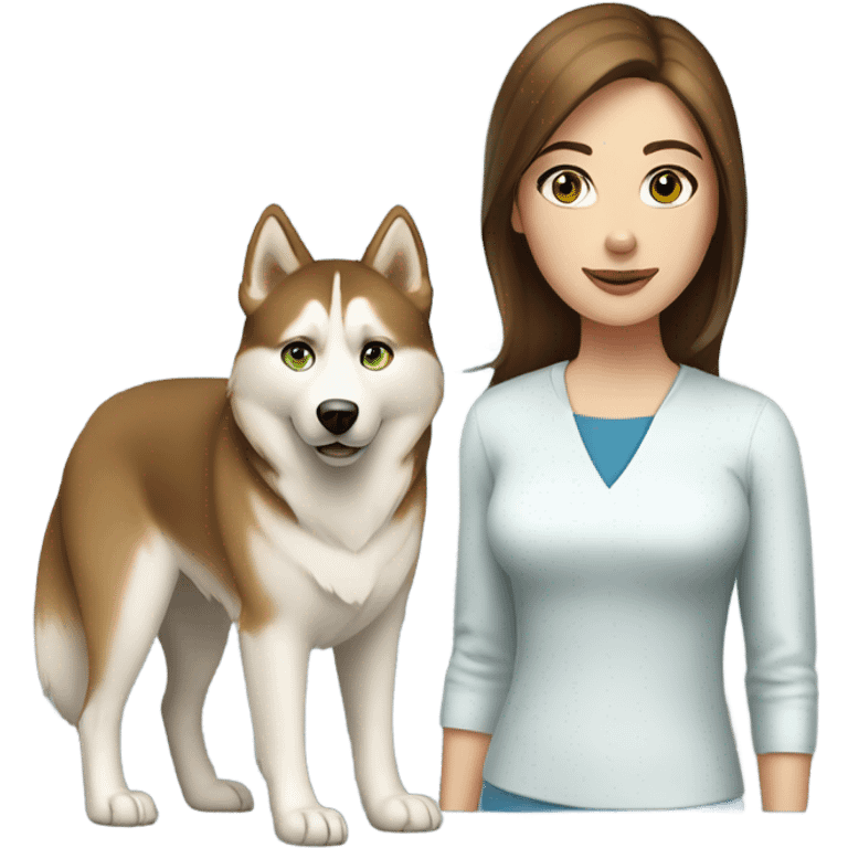 White Woman hair brown and bleus eyes and golden Husky With green eyes emoji