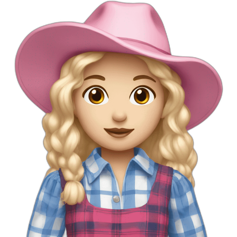 Young ragdoll with blond hair, pink country-hat and blue and white tartan dress emoji