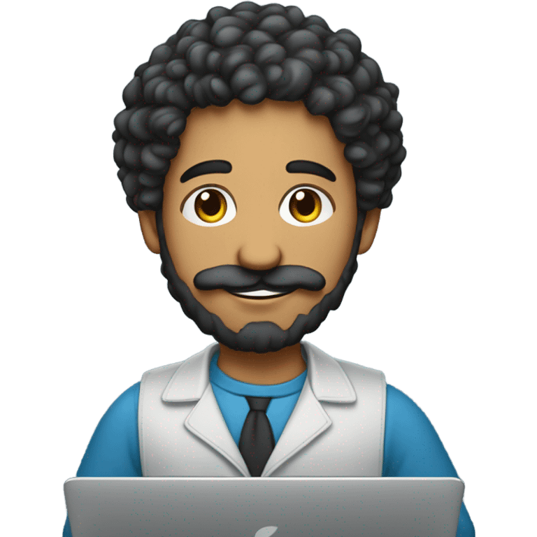 no glasses, Mexican school IT technician with apple laptop and with curly hair and mustache and beard 
 emoji