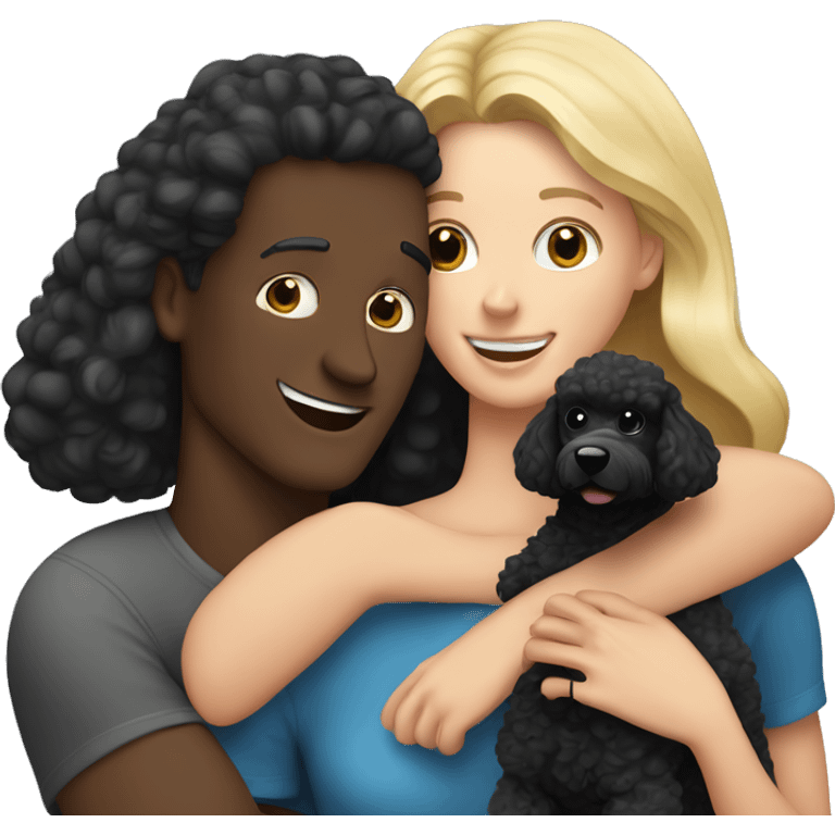 European blond mom, european dad with dark hair and European blond daughter hug black poodle emoji