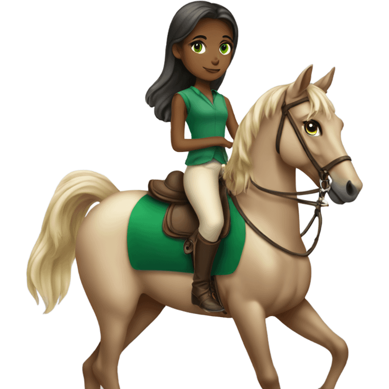 Girl high end clothes green eyes riding a horse emoji