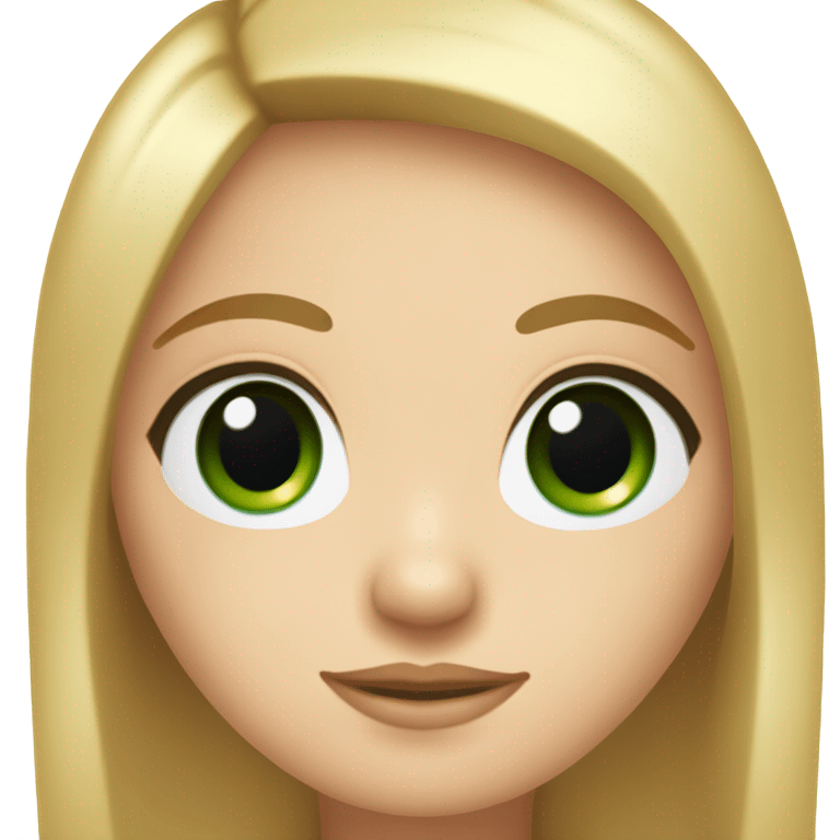 round cute face, rosy cheeks, fair skin, dark green eyes, thick black eyelashes, small nose, long hair, hair color dark blonde. emoji