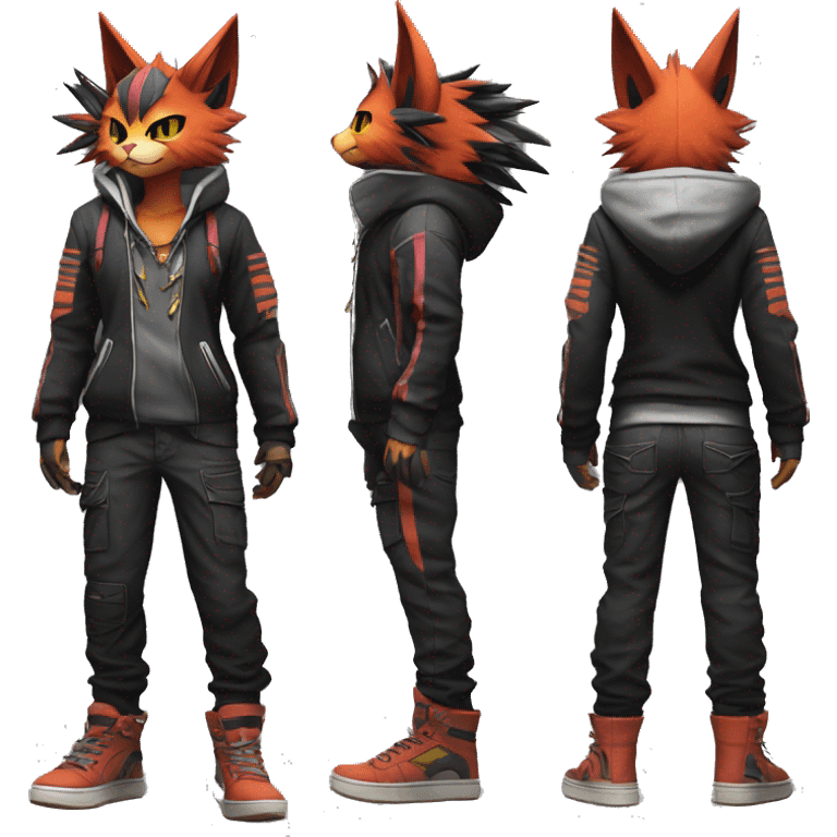 Cool Anthro Noivern-Litten-Cat-Pokémon with edgy stripes hoodie spiked collar punk techwear Cargo Pants Full Body emoji