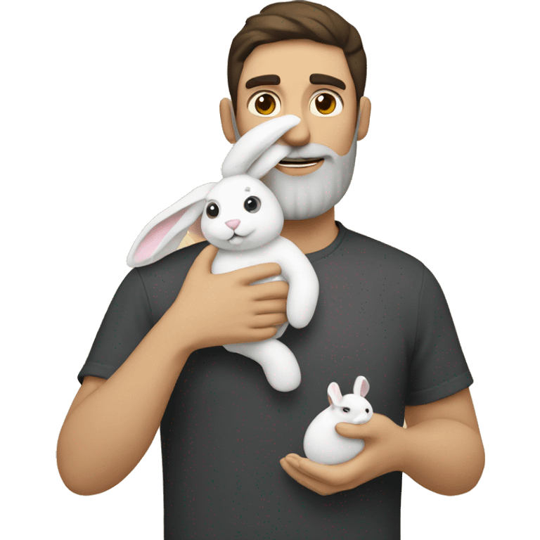 Brunette guy with a beard holds a white rabbit  emoji