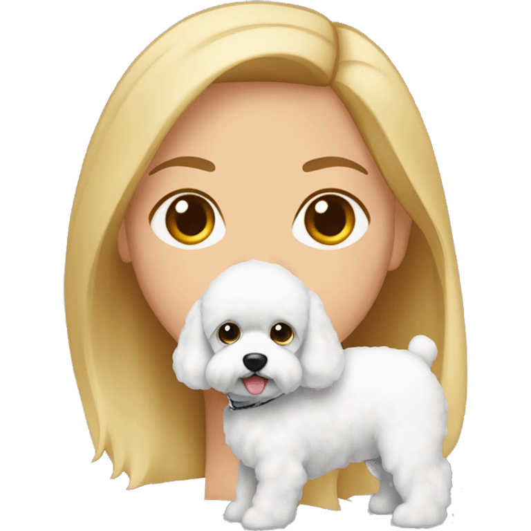 mujer piel blanca cabello rubio con perro bichon blanco emoji