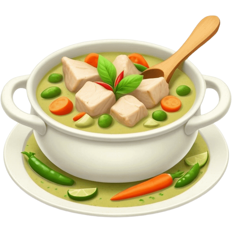 Green Chicken Curry Cinematic Realistic Green Chicken Curry Dish Emoji, depicted as tender chicken chunks simmered in a fragrant green curry sauce with vegetables, rendered with vivid textures and dynamic, vibrant lighting. emoji