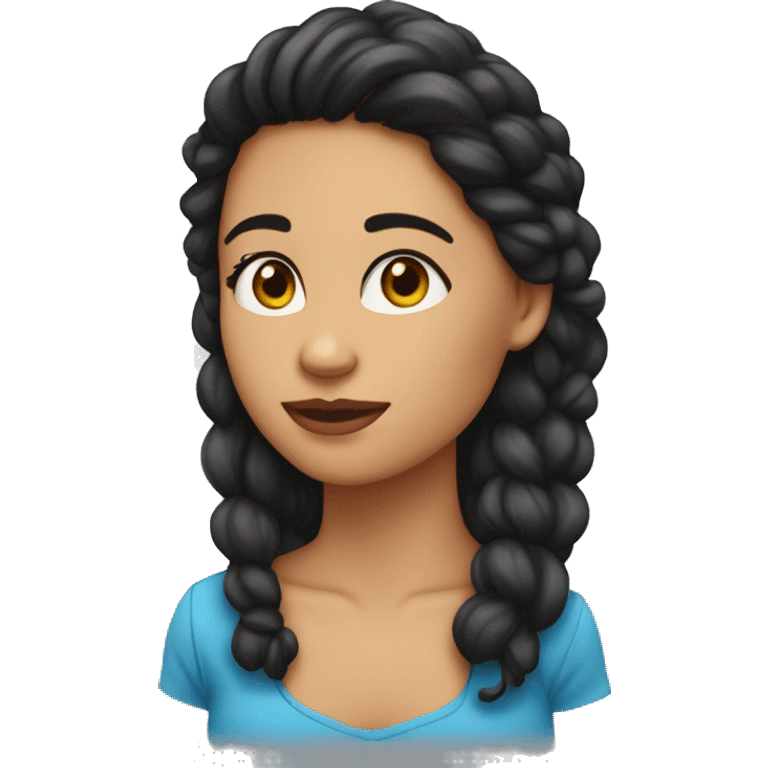 una chica guapa con pecas en la cara, ojos azules, pelo negro y rizado emoji