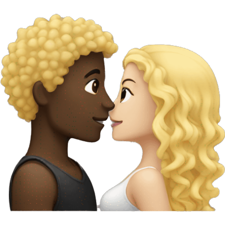 blonde curly hair female and dark skin male kissing  emoji