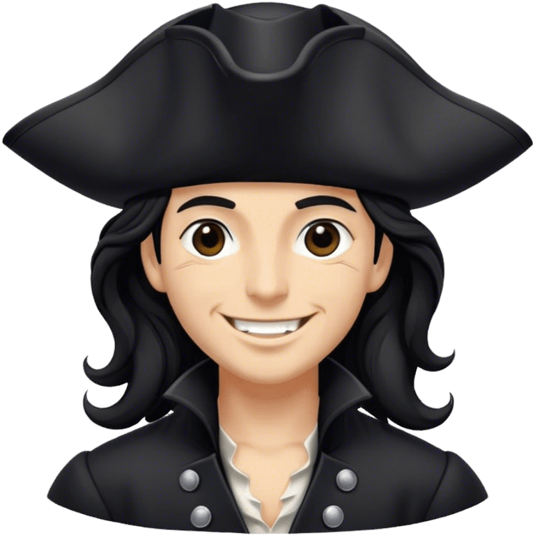 A charismatic pirate with wavy black hair, wearing a black tricorn hat and a sleek black coat with silver buttons, smiling confidently. emoji