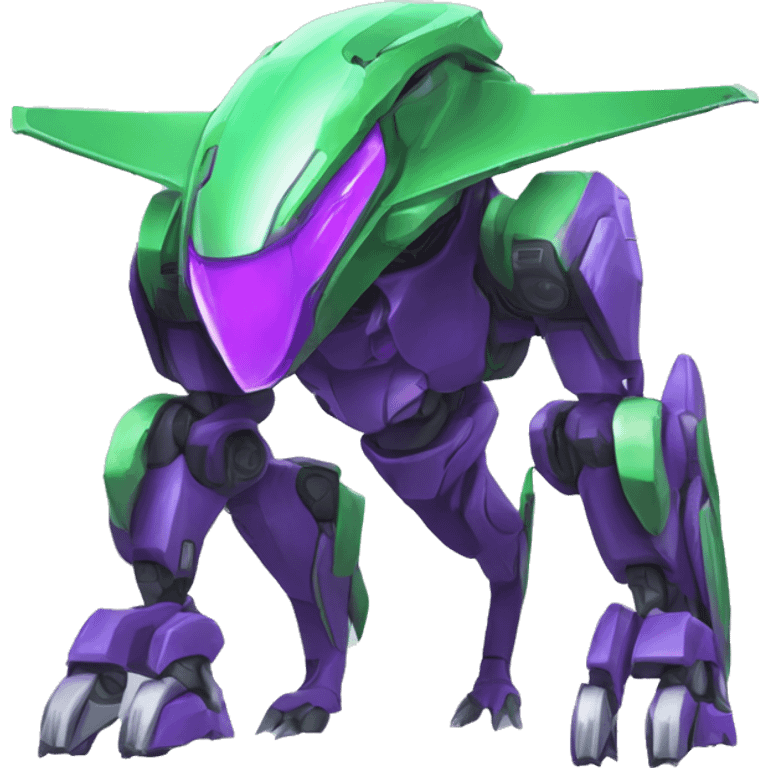 a purple-green Genesect-Raptor-Fakémon—hybrid with a futuristic visor-helmet full body emoji