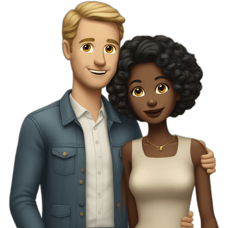 white man in late 50ties in love with younger black woman, casual dressing emoji