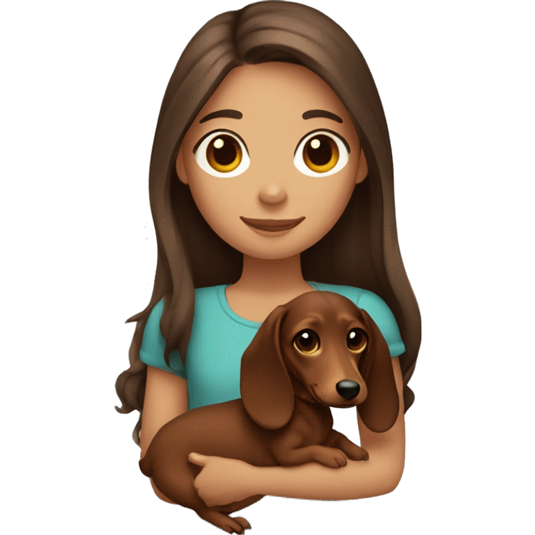 Girl long brown hair smiling and brown eyes with long eyelashes and holding a dachshund  in her arms emoji