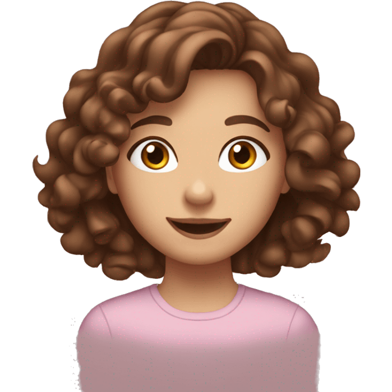 teen girl with long brown curly hair, brown eyes, waving to the camera emoji