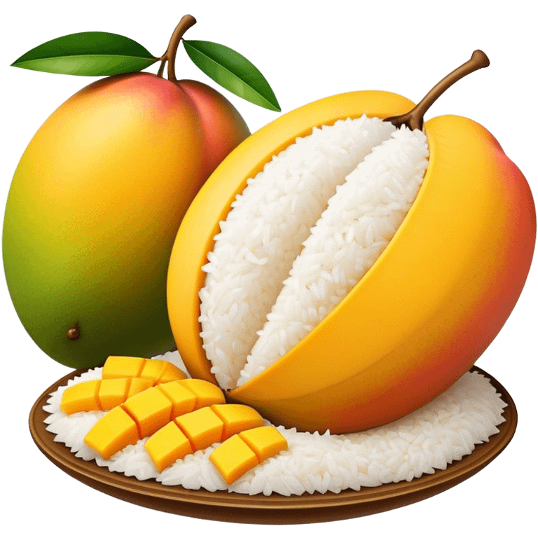 Cinematic Realistic Mango Sticky Rice Dessert Emoji, showcasing sweet sticky rice paired with ripe mango slices and coconut milk rendered with lifelike detail and warm, inviting lighting. emoji