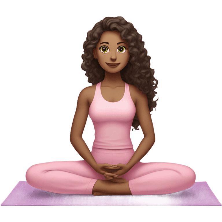 Dark brown long curly hair and green eyes yoga beautiful young woman in light pink pink pink clothes sitting on a yoga mat emoji