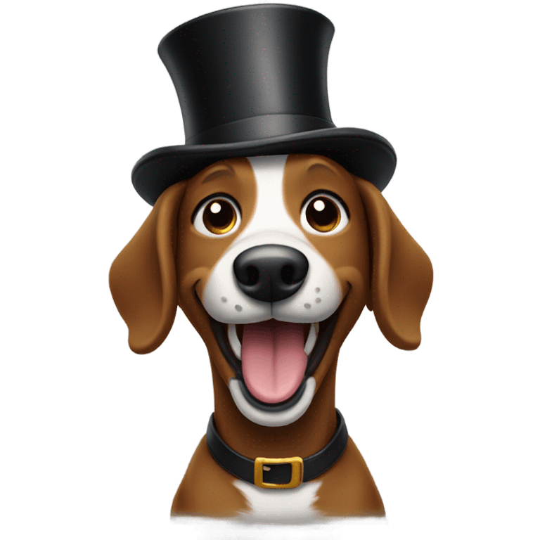 Brown dog wearing a top hat and laughing emoji