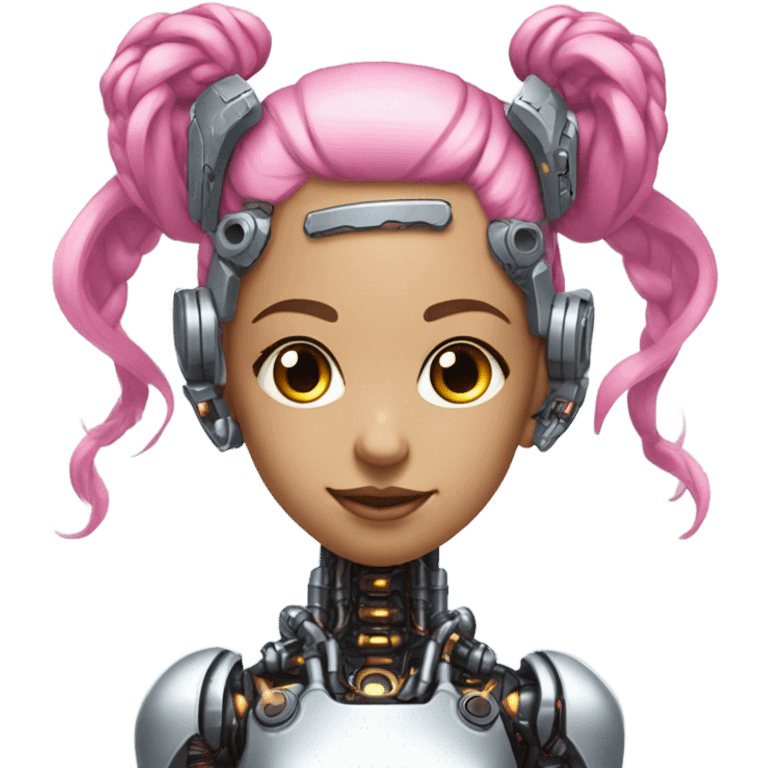 cyborg girl, pink hair, robot body, gynoid, twintails, cyberpunk emoji