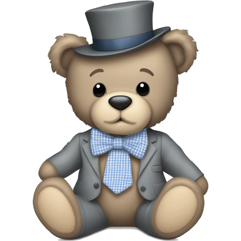 A grey teddy bear with a gingham bow tie and the name Alexander on its foot  emoji