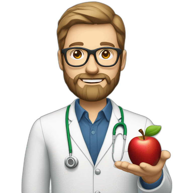 A male nutritionist with a full beard and dark blonde hair and white skin and glasses holding an apple in his hand. emoji