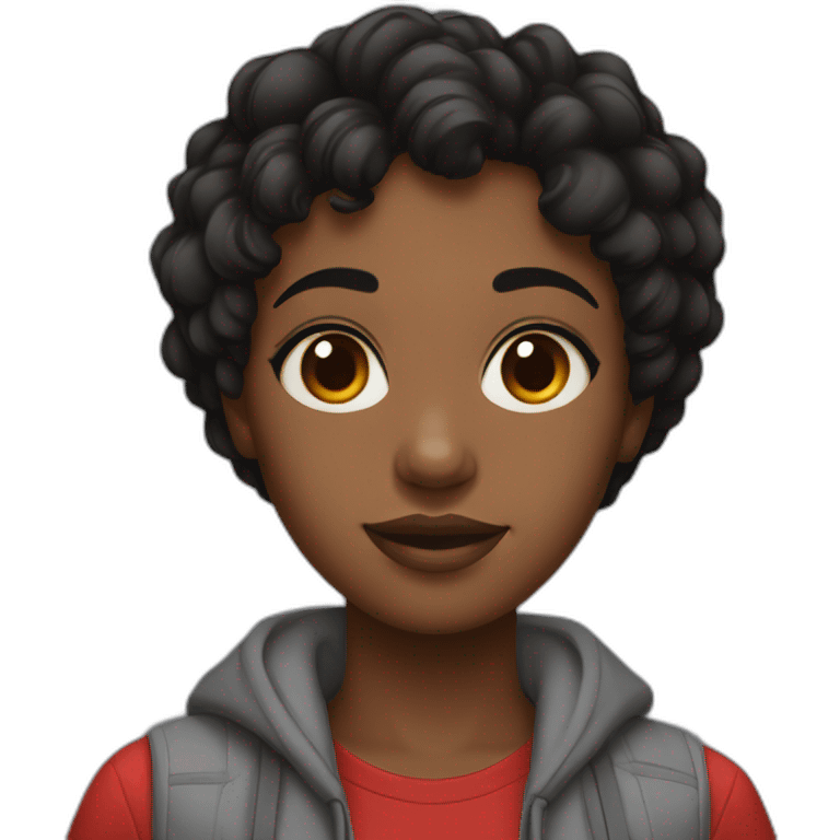 A black girl, brown eyes, short black hair with a red bull can emoji